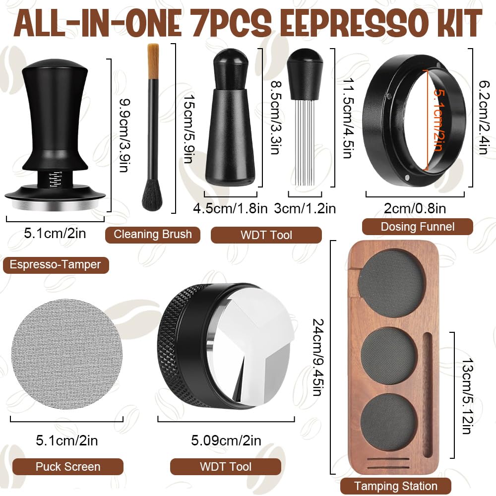 Set Accesorios Cafe 51mm, con Aguja de Espresso, Prensador de Café con Distribuidor, Anillo Dosificador de 51 mm, Agujas para Agitador de Café, Pantalla de Puck, Estación de Tamper, Cepillo de