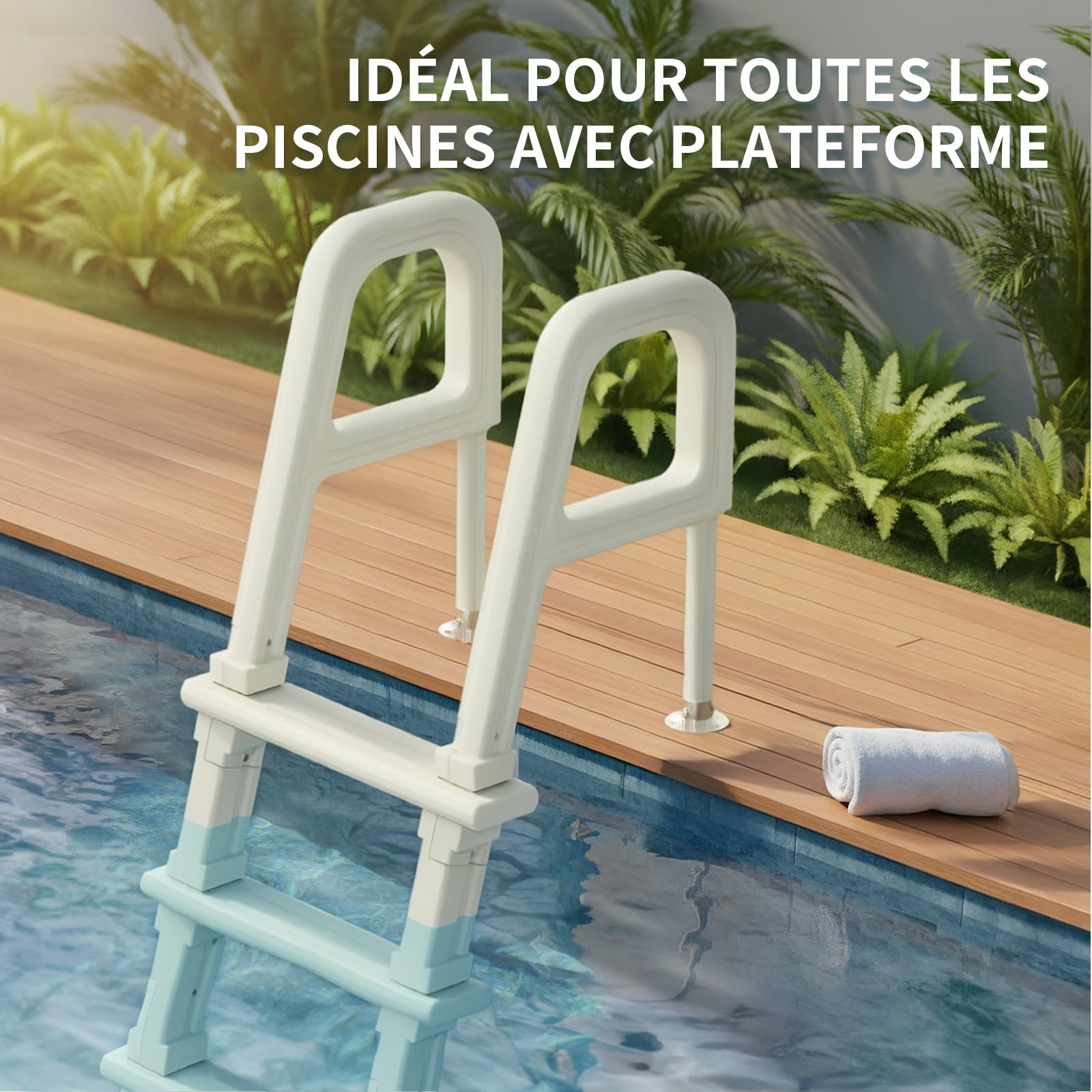 BONNLO Échelle de Piscine 5 Marches Antidérapantes, PE, Escalier de Piscine Uni-Côté, 150×60×60cm, Adaptée aux Piscines Hors Sol et Creusées, Blanc Cassé