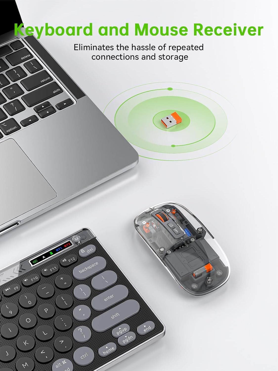 FMOUSE Wireless Keyboard and Mouse Combos - Dual Bluetooth & 2.4GHz USB Receiver, Transparent Mouse, Compact Slim Stylish for Laptop/ipad/Mac/Office - Black