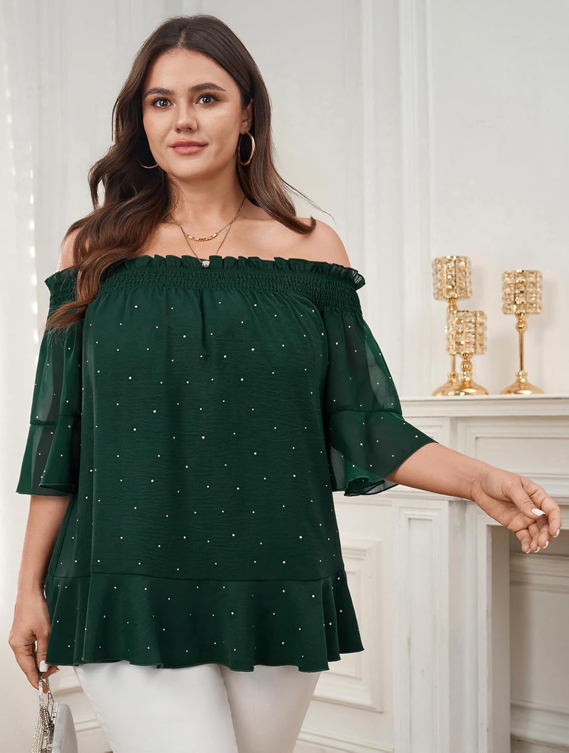 SCOMCHIC Women's Plus Size Off The Shoulder Tops Half Sleeve Chiffon Blouse Ruffle Cocktail Party Evening Shirts - Image 3