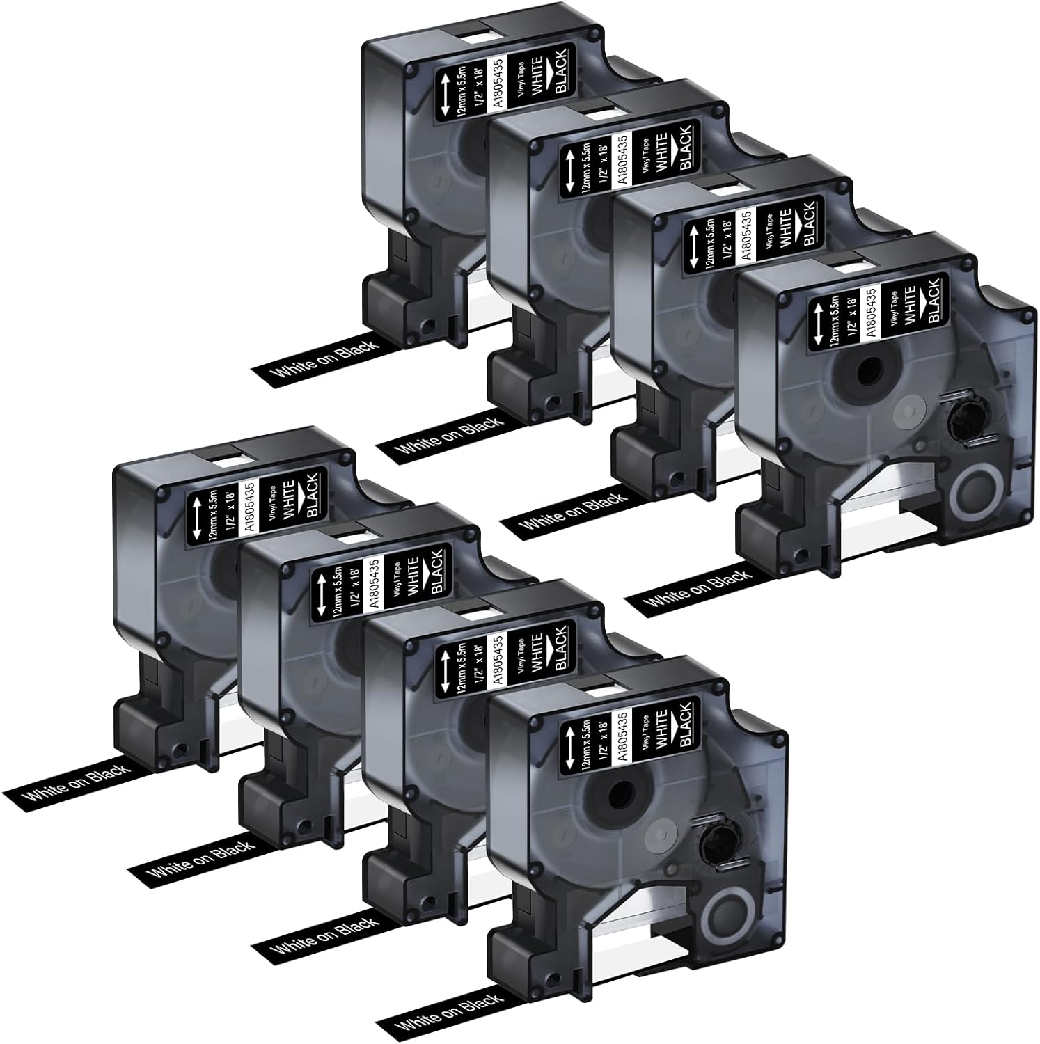 8 Pack Compatible for Dymo Rhino 1805435 1/2" 12mm White on Black Vinyl Permanent Industrial Label Tape for Rhino 1000 3000 4200 5000 5200 6000 and 3M Label Maker