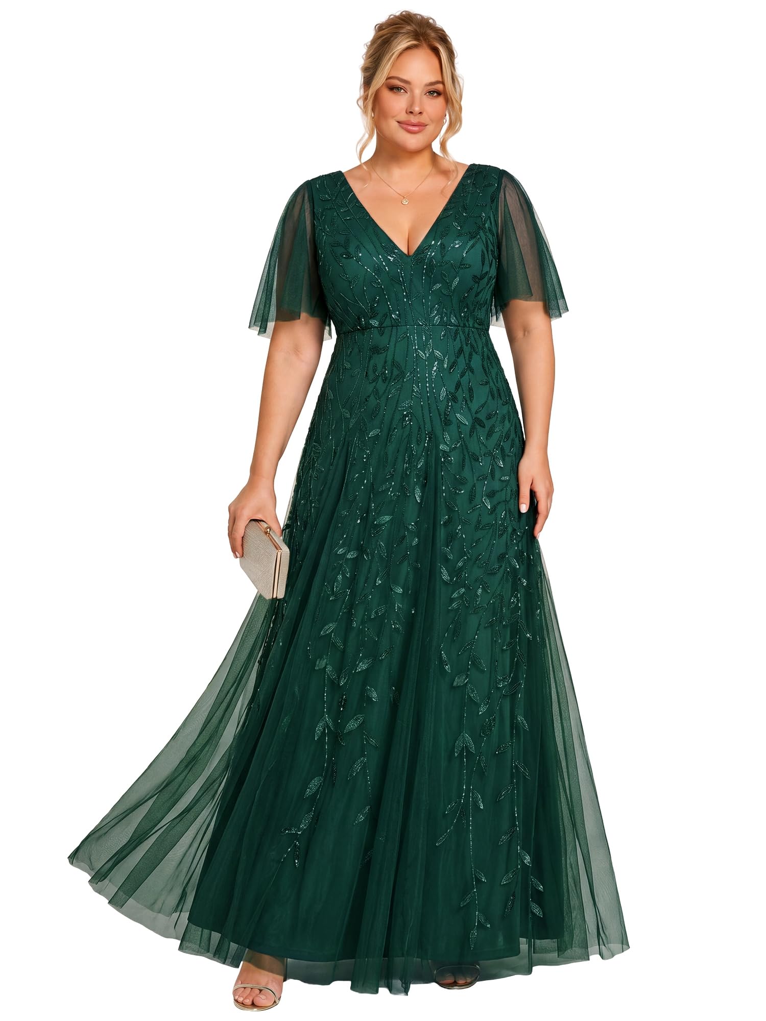 Ever-Pretty Abito da sera da donna con scollo a V e paillettes taglie forti, verde scuro, 58