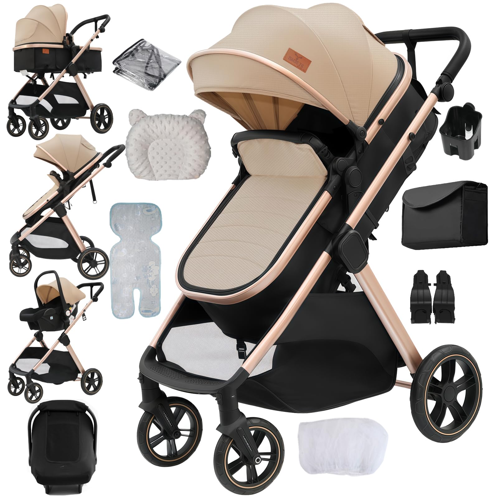 Aveainelle 3 in 1 Baby Stroller, Travel System Reclining and Reversible, One-Click Folding Pushchair Pram, Infant Buggy with Complete Accessories, Front and Rear Wheel Dual Brake Mode (Grey)