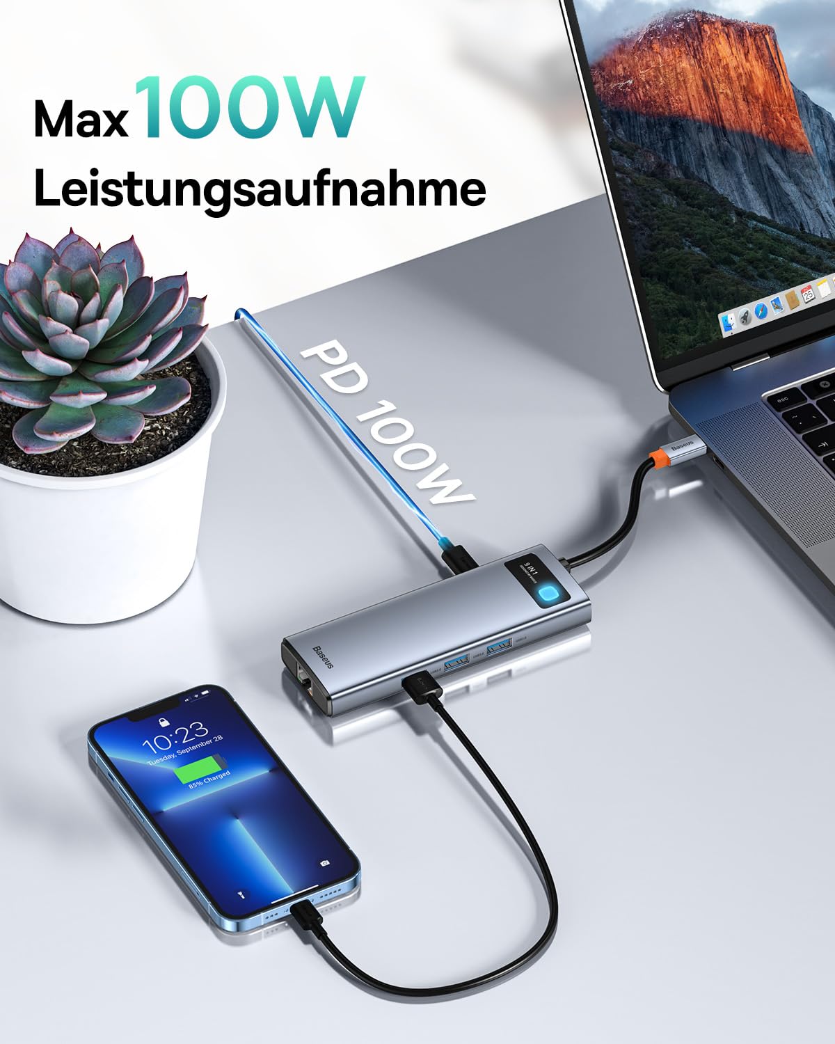 Baseus USB C HUB Dual 4K HDMI Display, 9 in 1 Docking Station 2 HDMI Dual Monitor, Gigabit Ethernet, 100W PD, SD/TF-Kartenleser, 3 USB, USB C Multiport Adapter für MacBook/Dell/HP/Surface/Lenovo