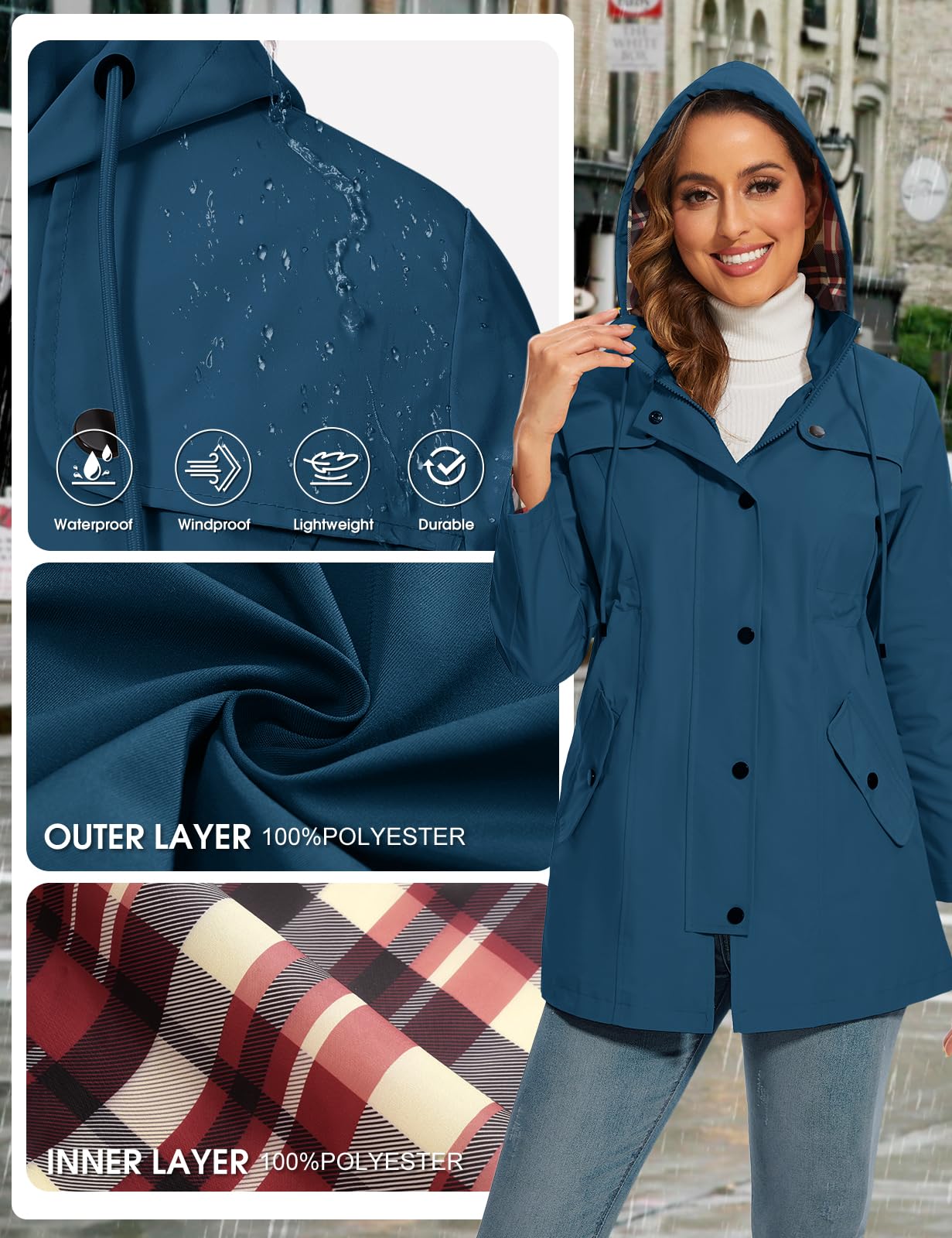 Chubasquero Mujer Impermeable Trench Chaqueta de Lluvia Largo Chaqueta Cortaviento para Mujer con Capucha Ligera Gabardina Impermeable al Aire Libre