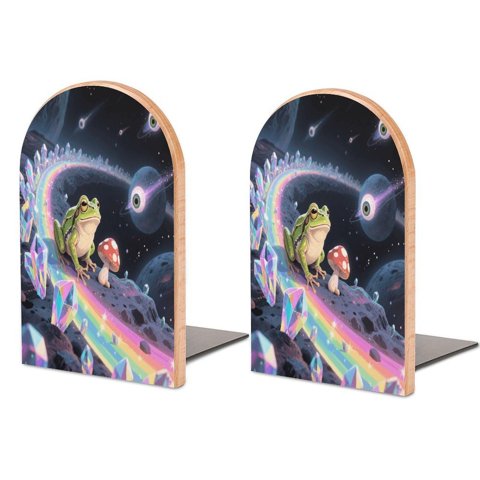 Funny Space Frog Mushroom Bookend Modern Non-Skid Bookends Heavy Duty Wooden Book Stopper Support for Heavy Books Book Organizer for Home Office Supplies