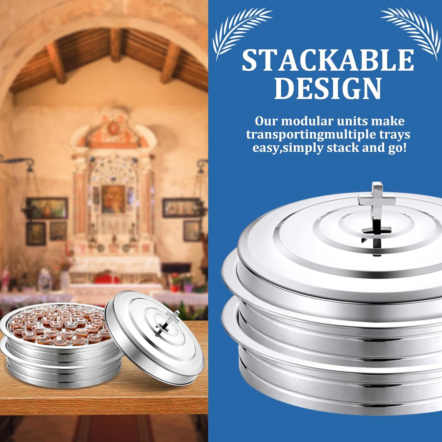 Communion 2 Trays with Lid Christmas Holy Wine Serving Trays House up 80 Cups Stacking Stainless Steel Churches Ware Wine Bread Christmas Party Supplies(Silver)
