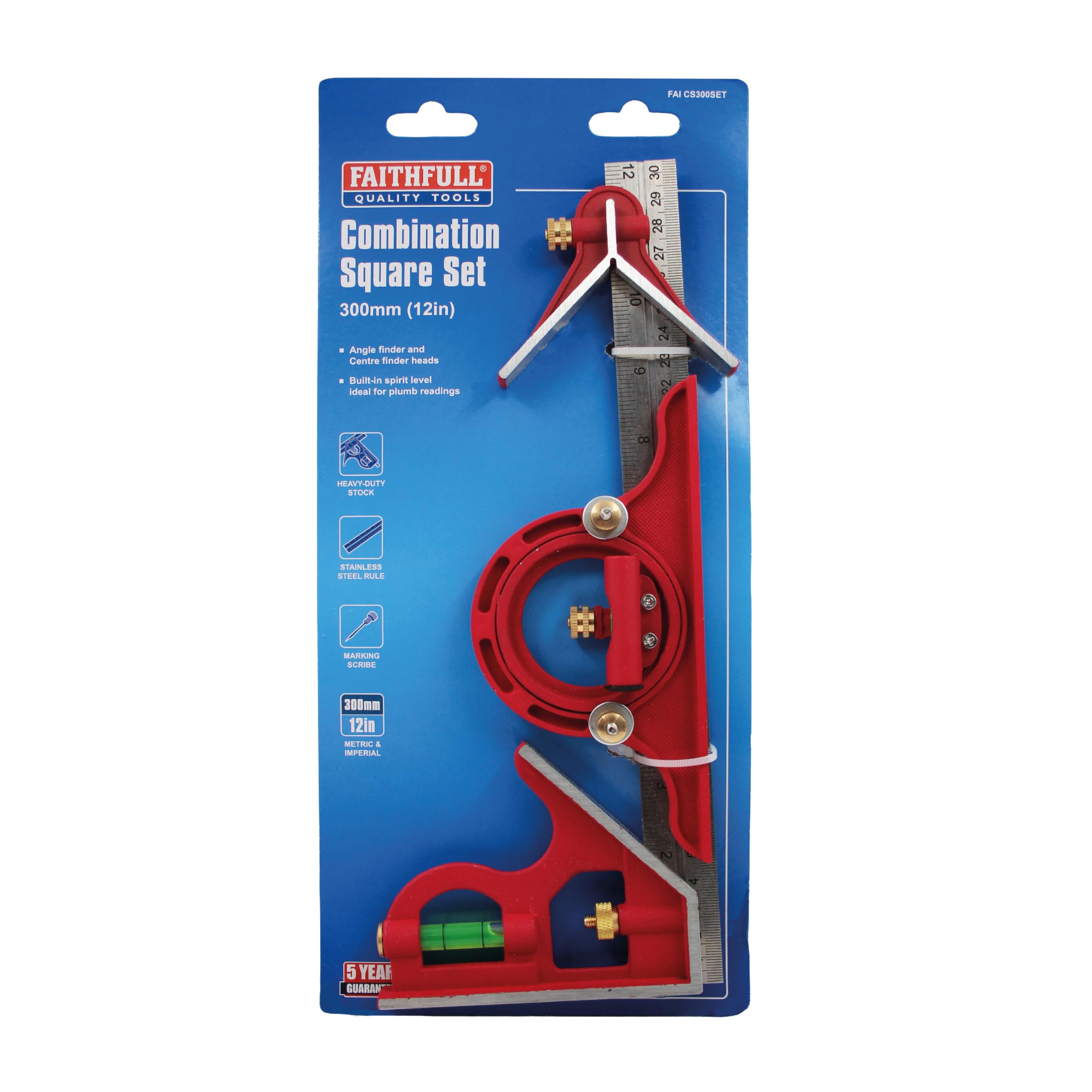Équerre combinée Faithfull 300 mm (12 po) – Outil multifonction de mesure et de traçage avec rapporteur, centreur, niveau à bulle et règle en acier inoxydable pour le travail du bois et du métal