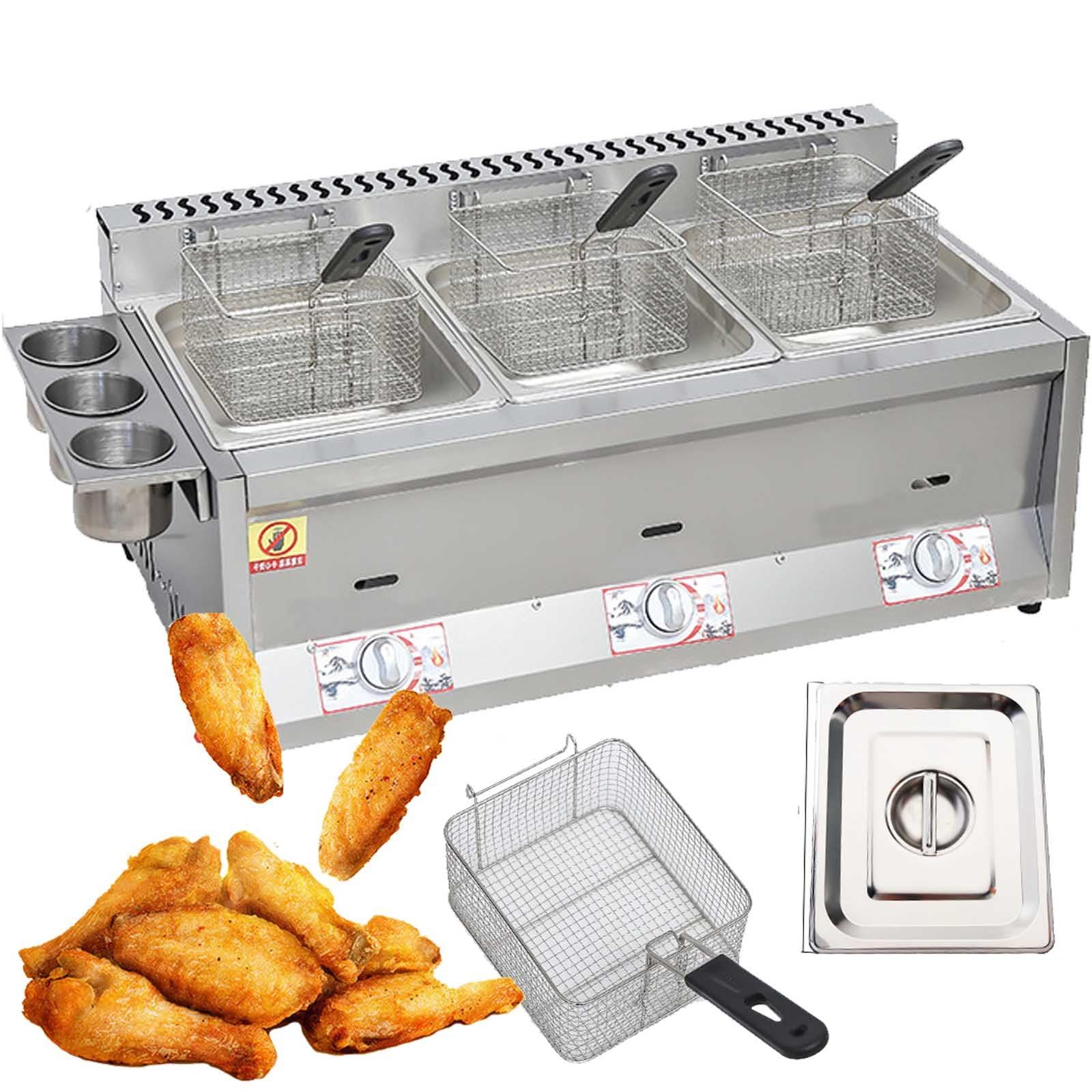 Freidora de gas con cesta y tapa, freidora comercial de acero inoxidable para uso doméstico, cocina y restaurante