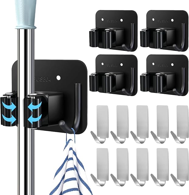 Cieex Mop Broom Holder Set 5 Pcs Stainless Broom Holder Mop Holder Wall Mounted and 10pcs Self Adhesive Hooks - Self-Adhesive/Perforated (Include Screws)