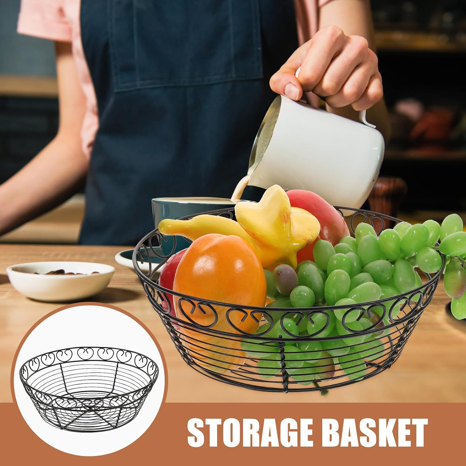 Iron Wire Bread Basket and Fruit Bowl for Kitchen Counter, Black Metal Wire Storage Basket, Round Home Fruit Holder for Table Centerpiece and Serving