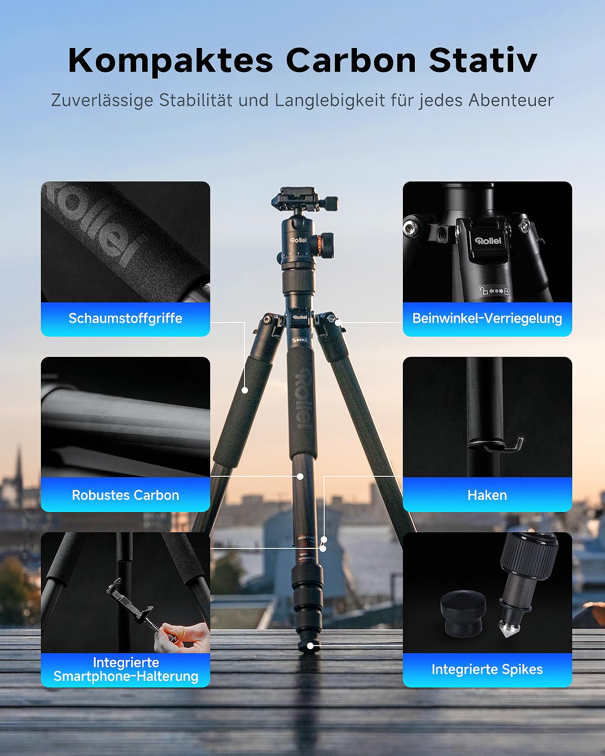 Rollei C5i Stativ Kamera Schwarz, 158cm Reisestativ Leicht aus Carbon Fotostativ mit Kugelkopf & Stativtasche Verwendbar als Macrostativ & Monopod Kompaktes Dreibeinstativ für DSLR & Smartphone