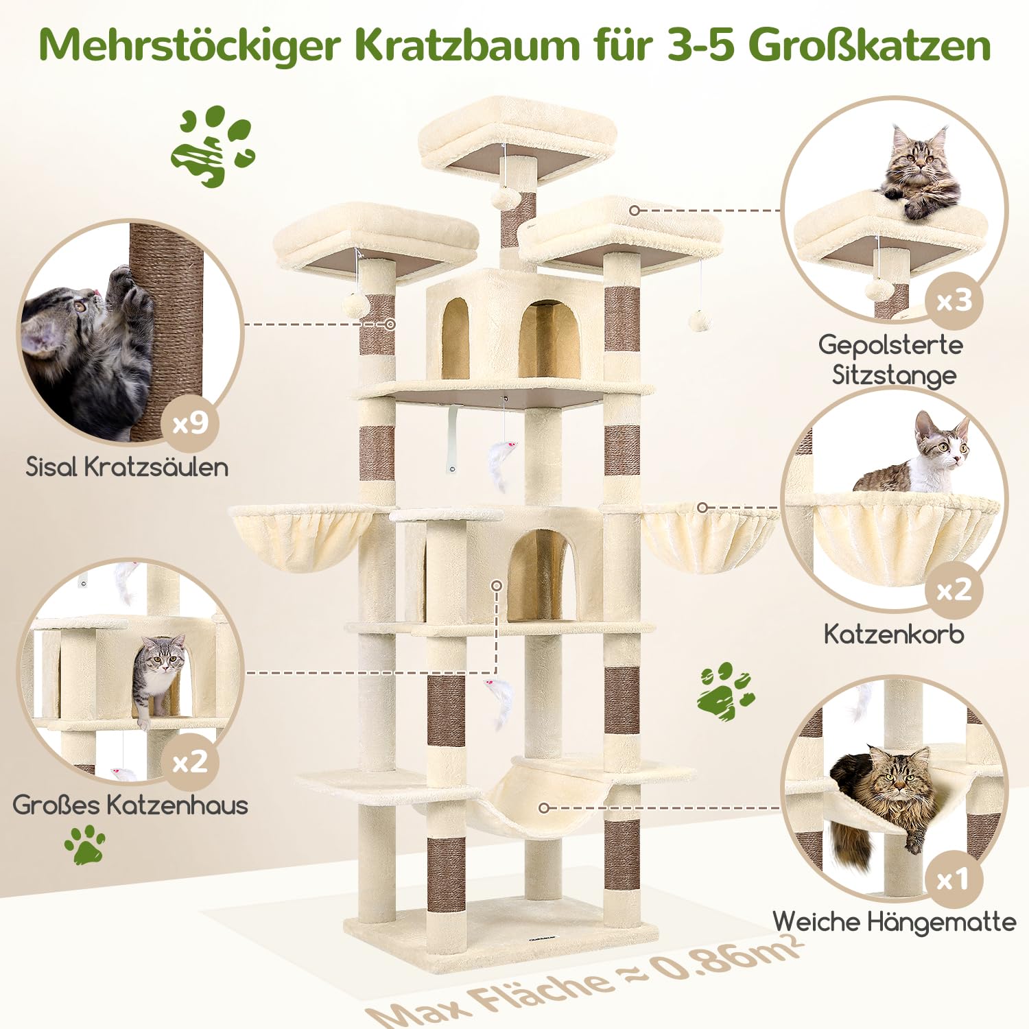 Globlazer Kratzbaum Beige Große XXL hoch 204 cm mit 3 Gepolsterte Sitzstangen, 2 Katzenhaus, 2 Korb, Hängematte, Luxus Katzenbaum Stabil für 3-5 Erwachsene Katze Ausruhen Spielen Kratzen (F80, Beige)