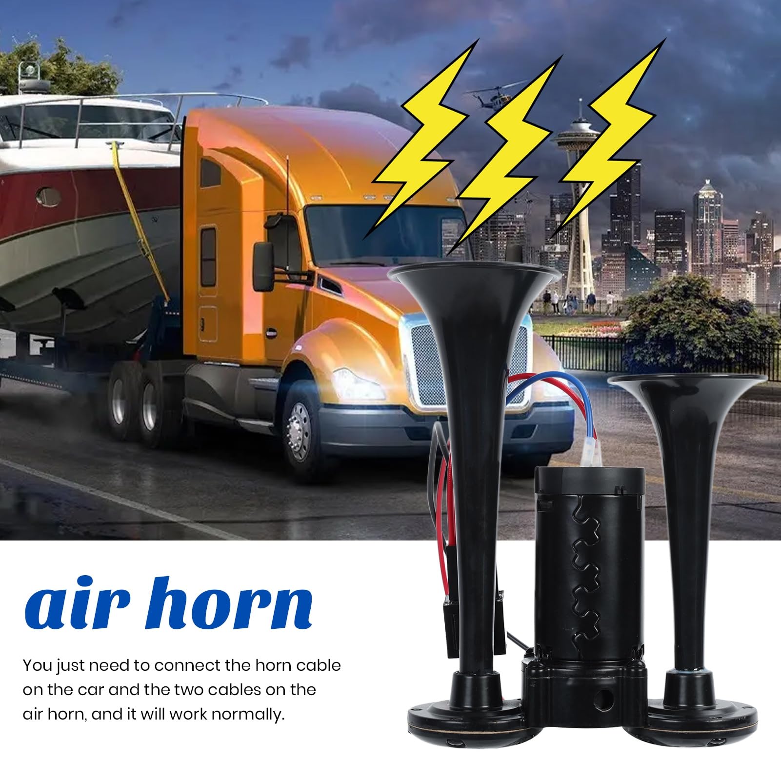Klaxon à air 12 V 600 dB, super puissant avec compresseur, double trompette pour camion, train, voiture, camionnette, noir (24 V)