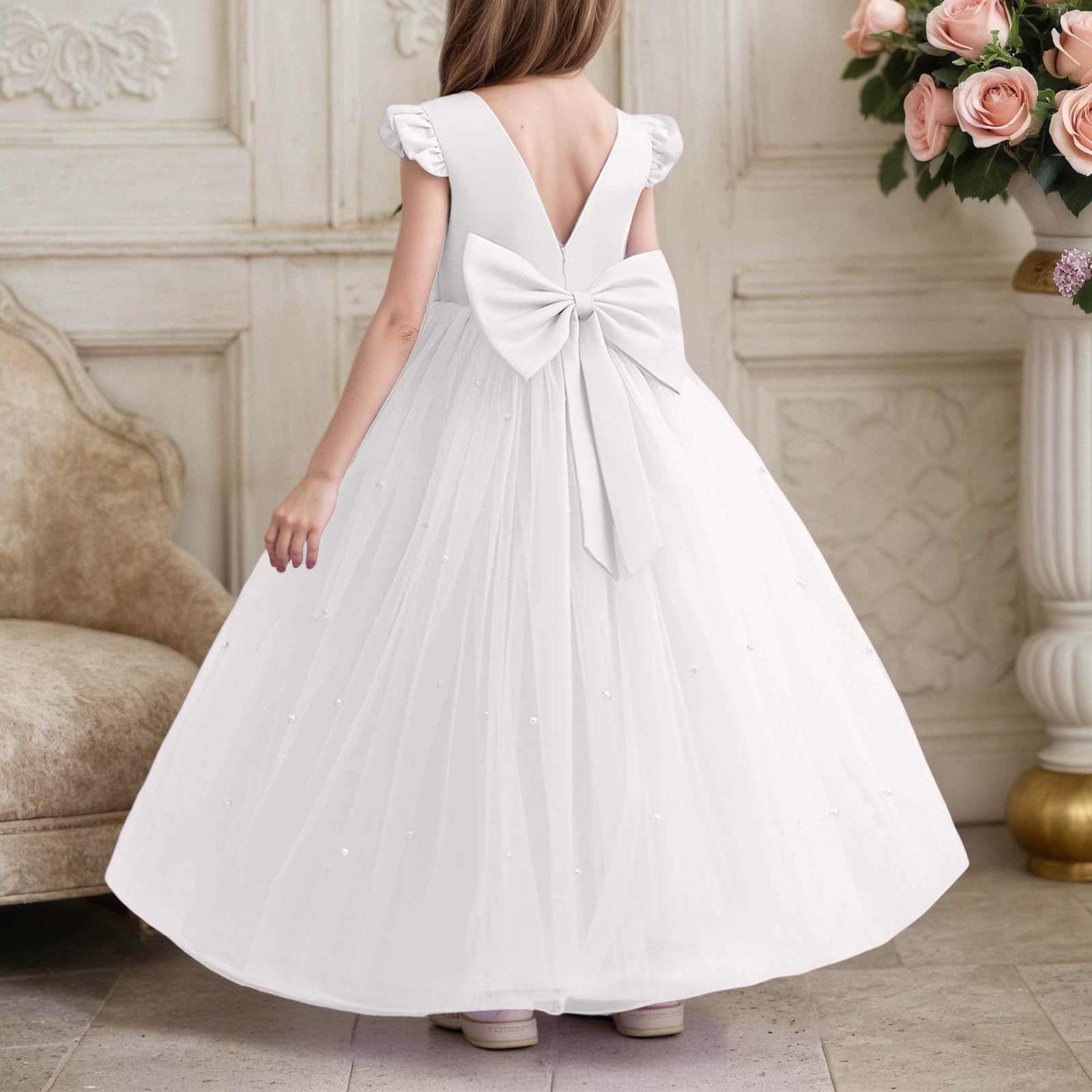 Elegante Vestido Formal Largo para niñas con Lazo y Cuentas para Fiesta de cumpleaños o Desfile, de Lino, Suave y Bordado, Ideal para Verano, Moda 2025 Acampanado