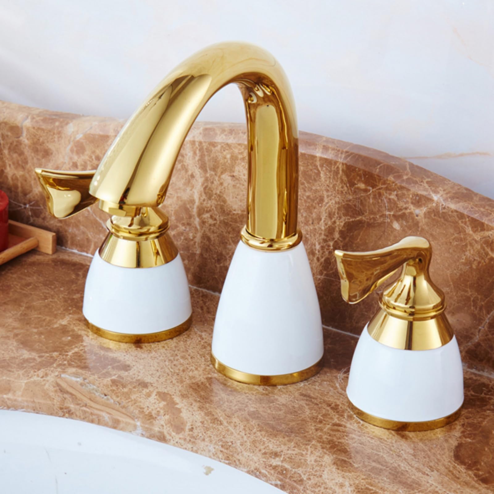 Rubinetto a Tre Fori in Ceramica Rubinetto con Manopole Separate Vintage Rubinetteria per Lavandino, Oro