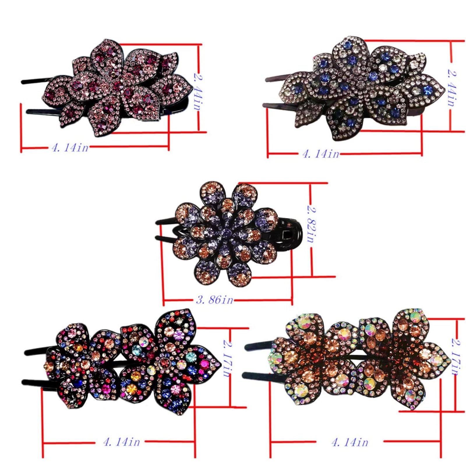 5 fermagli per capelli a doppio fiore con strass, accessori per capelli lunghi da donna, con strass spessi e decorativi (grande)
