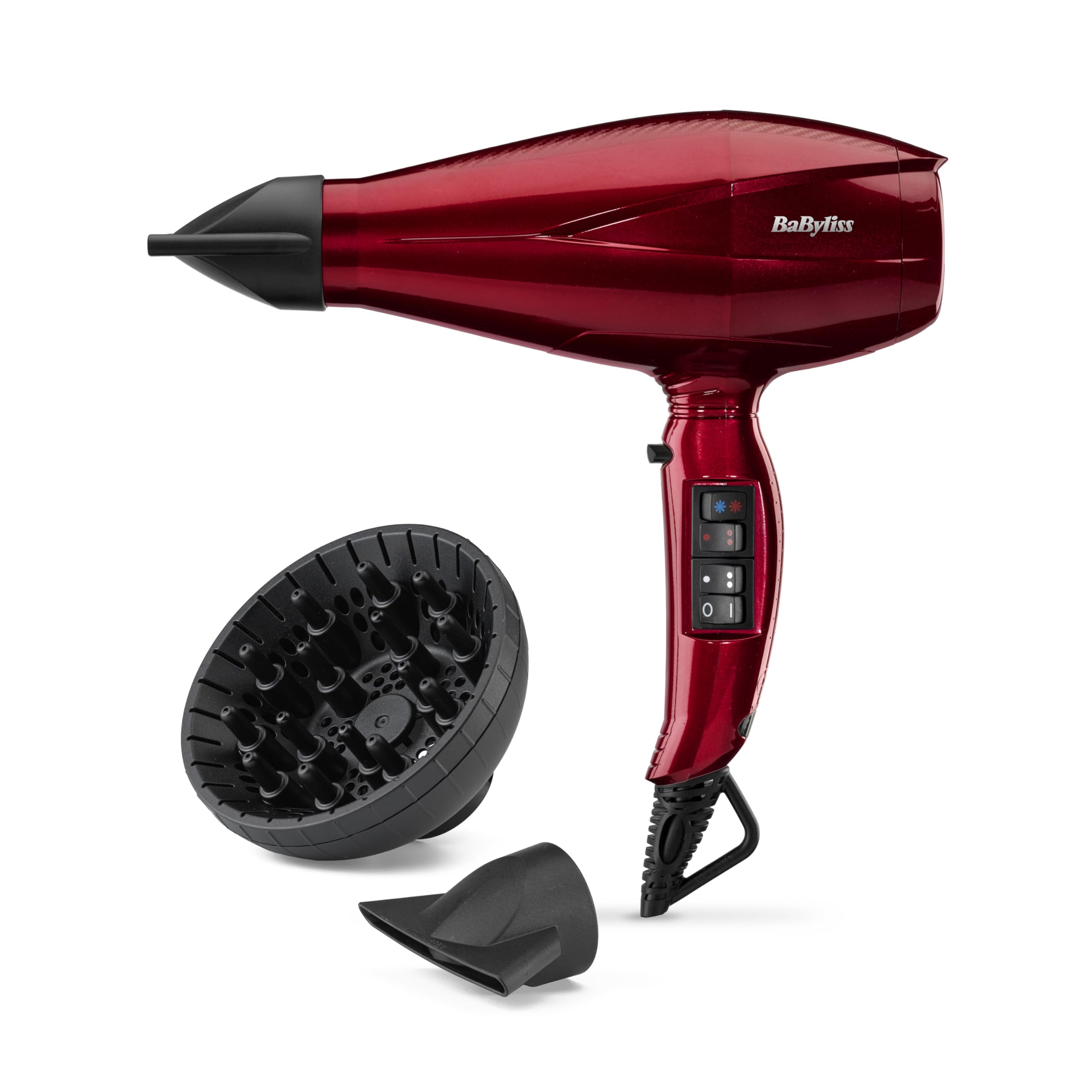 BaByliss Asciugacapelli Made In Italy con Motore Digitale 2200W, Phon Capelli, asciugatura ultra-rapida, funzione ionica,3 temperature, 4 velocità, tasto turbo, diffusore, concentratori, rosso, 6001DE