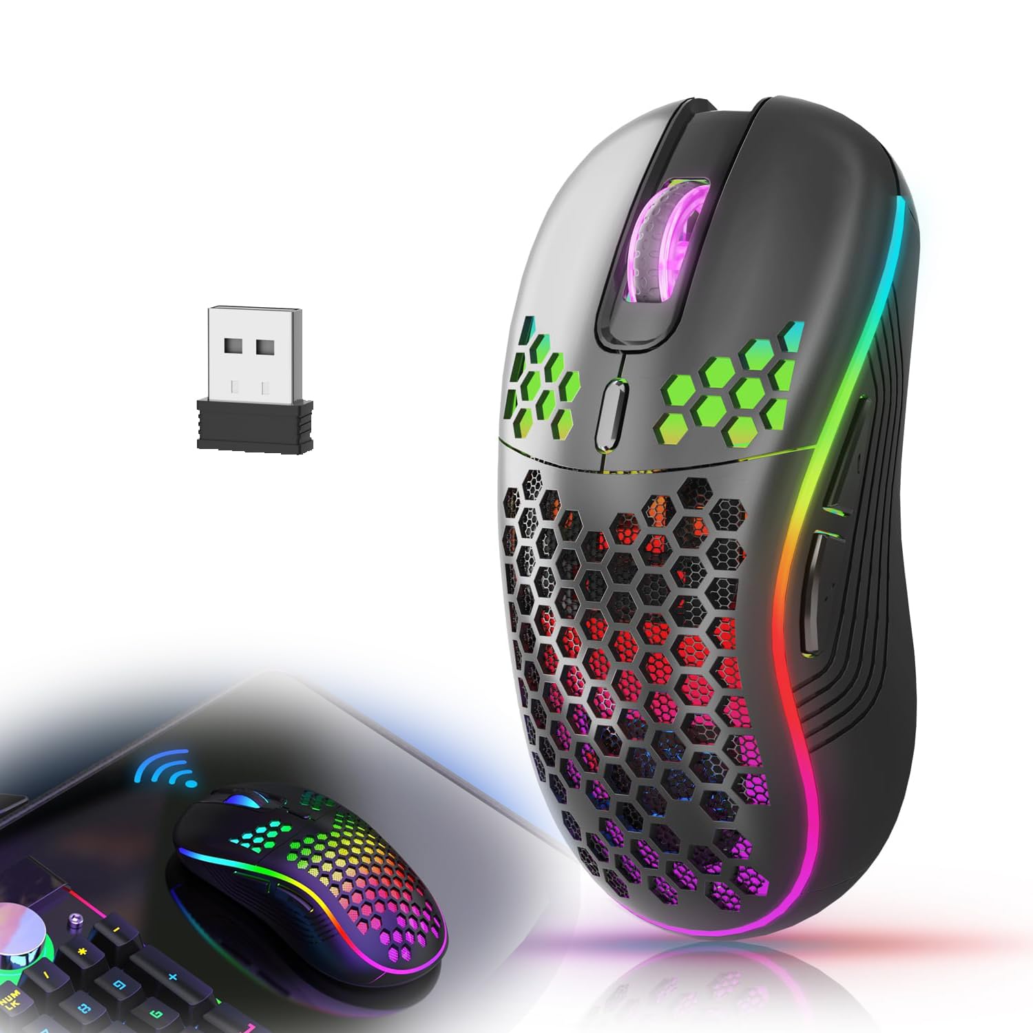 TONGLUO Wireless Gaming Mouse, Rechargeable Ergonomic Wireless Mouse with RGB Backlight, 6 Buttons, 3 Adjustable DPI, ماوس لاسلكي, Lightweight Honeycomb Design for Laptops, PC, Computers (Black)