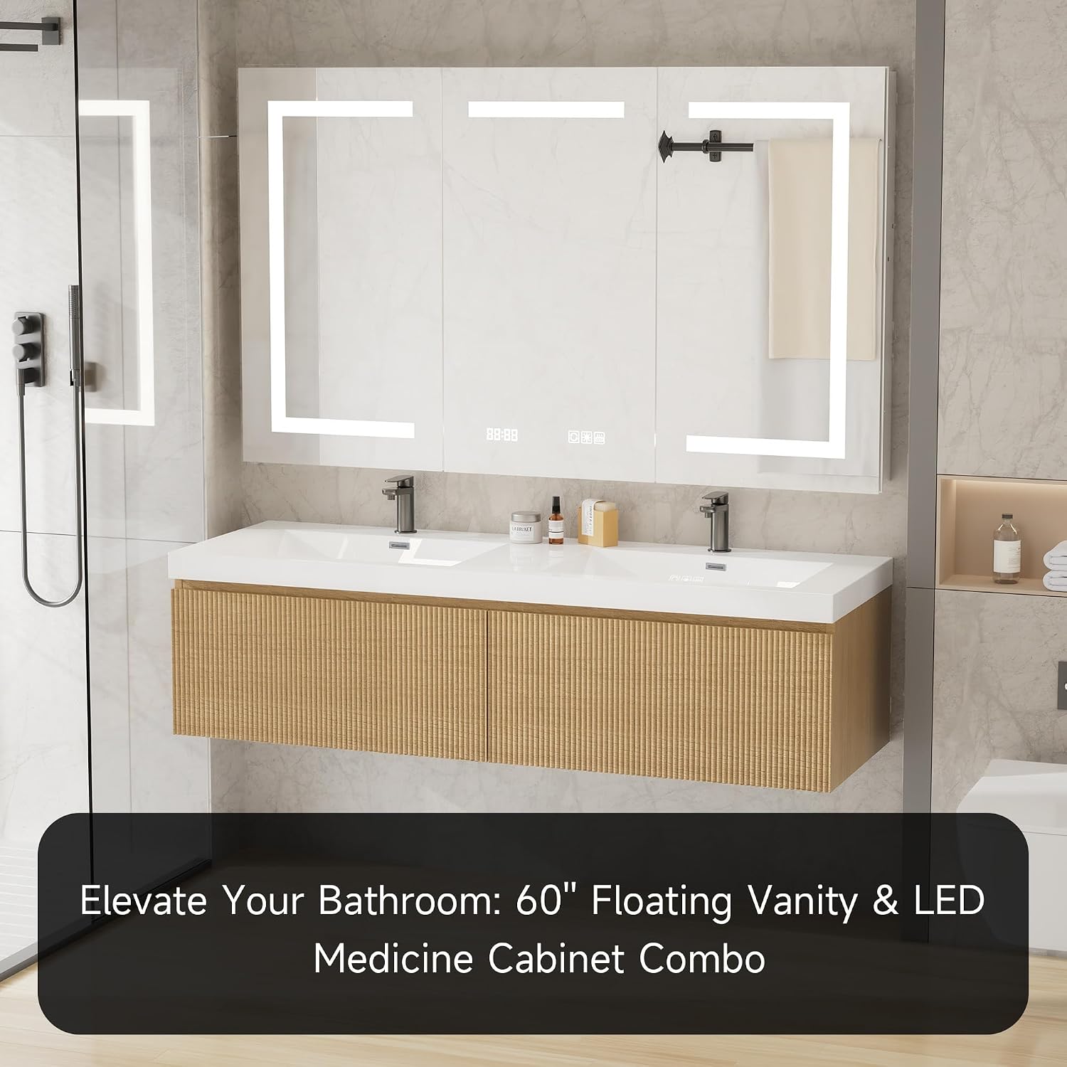 60" Floating Bathroom Vanity with Double Sink & LED Medicine Cabinet with Mirror Combo, Anti-Fog Dimmable Lighted Mirror with Outlets and USB, Soft Close Drawer, Solid Surface Basin