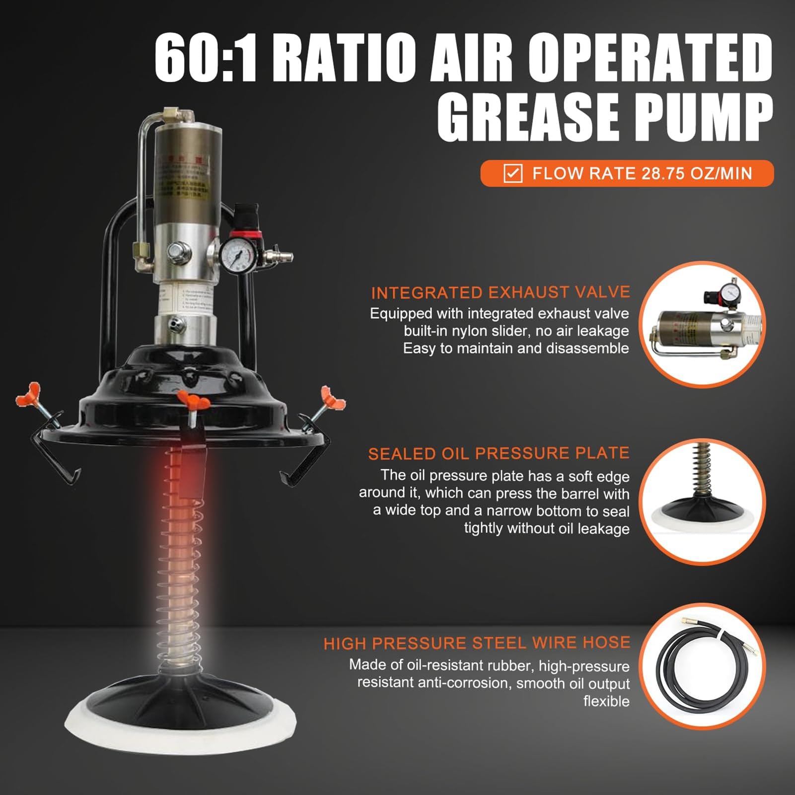 Bomba de grasa neumática, llenadora de grasa de alta presión operada por aire, entrega de 0,85 l/min, bomba de engrasado 60:1 con cabezal de pistola de 360°, ideal para tareas de lubricación
