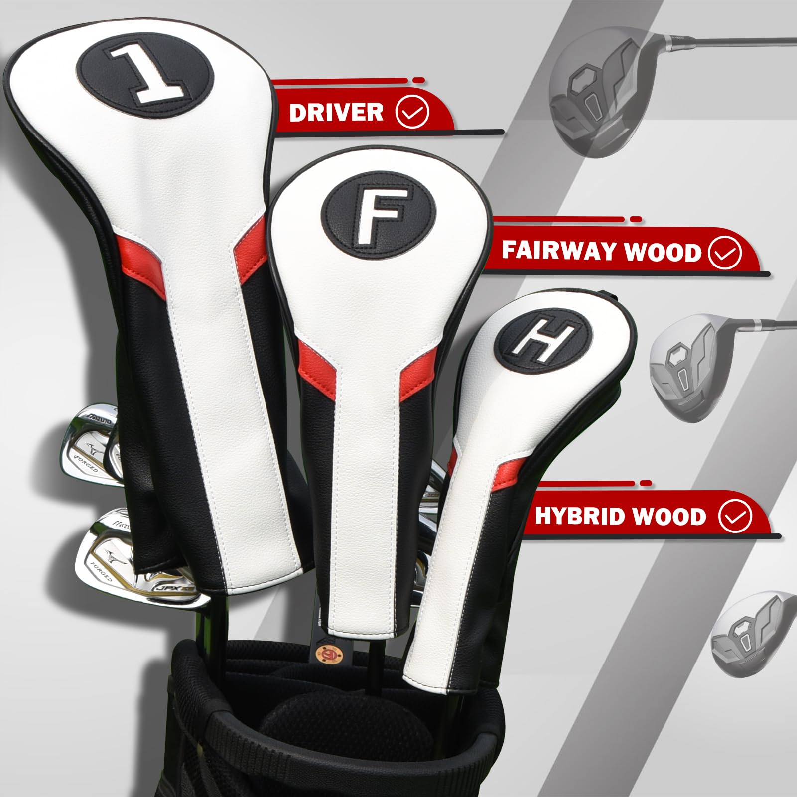 Copritesta in legno per mazze da golf, per driver/fairway/ibrido/1FH/Ferri in pelle PU bianca e nera e rossa