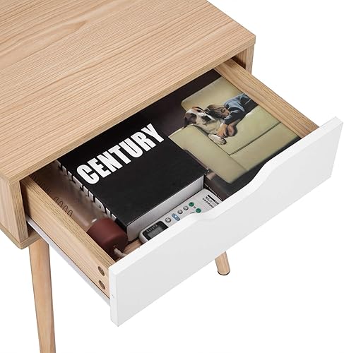 Miniatura 6 de Bonnlo Juego de 2 mesitas de noche Wood&White con cajón espacioso y patas de madera maciza para sala de estar, dormitorio, dormitorio