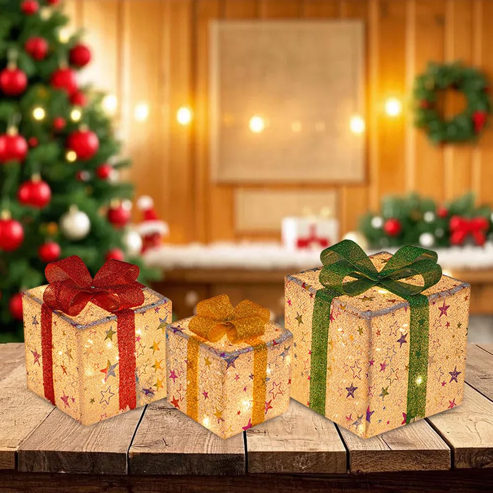 JOYWU 3 Pcs Christmas Lighted Gift Boxes,Small Sizes Pre-lit Light Up Present Boxes Christmas Decoration with Bowknot for Xmas Tree,Table,Porch,Battery Operated LED Reindeer Gift Boxes,15-25cm (B)
