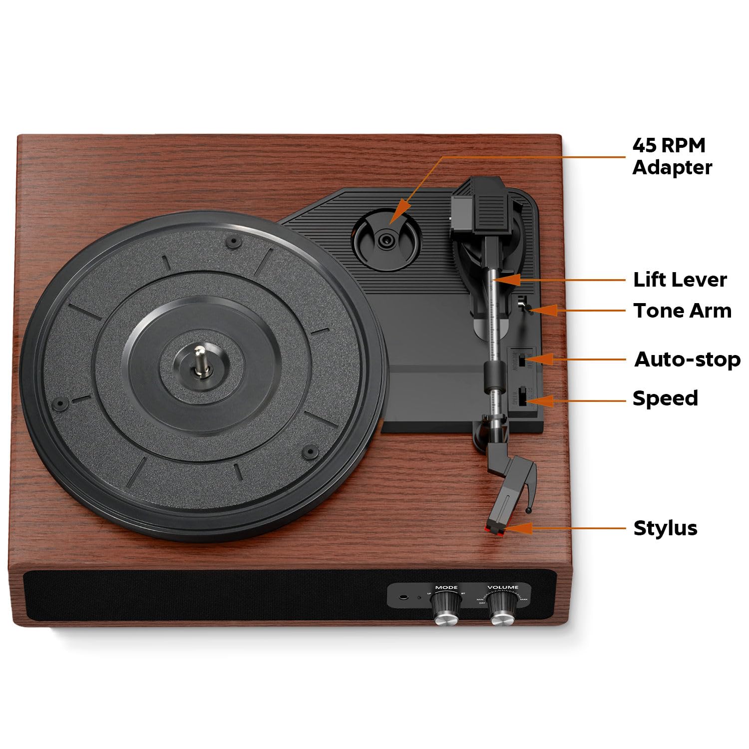 Plattenspieler, FYDEE Vinyl Plattenspieler mit Eingebauten Stereo-Lautsprechern, 3 Geschwindigkeiten 33/45/78 RPM, Bluetooth Schallplattenspieler, Unterstützt RCA-Ausgang, AUX-Eingang, Kastanienbraun