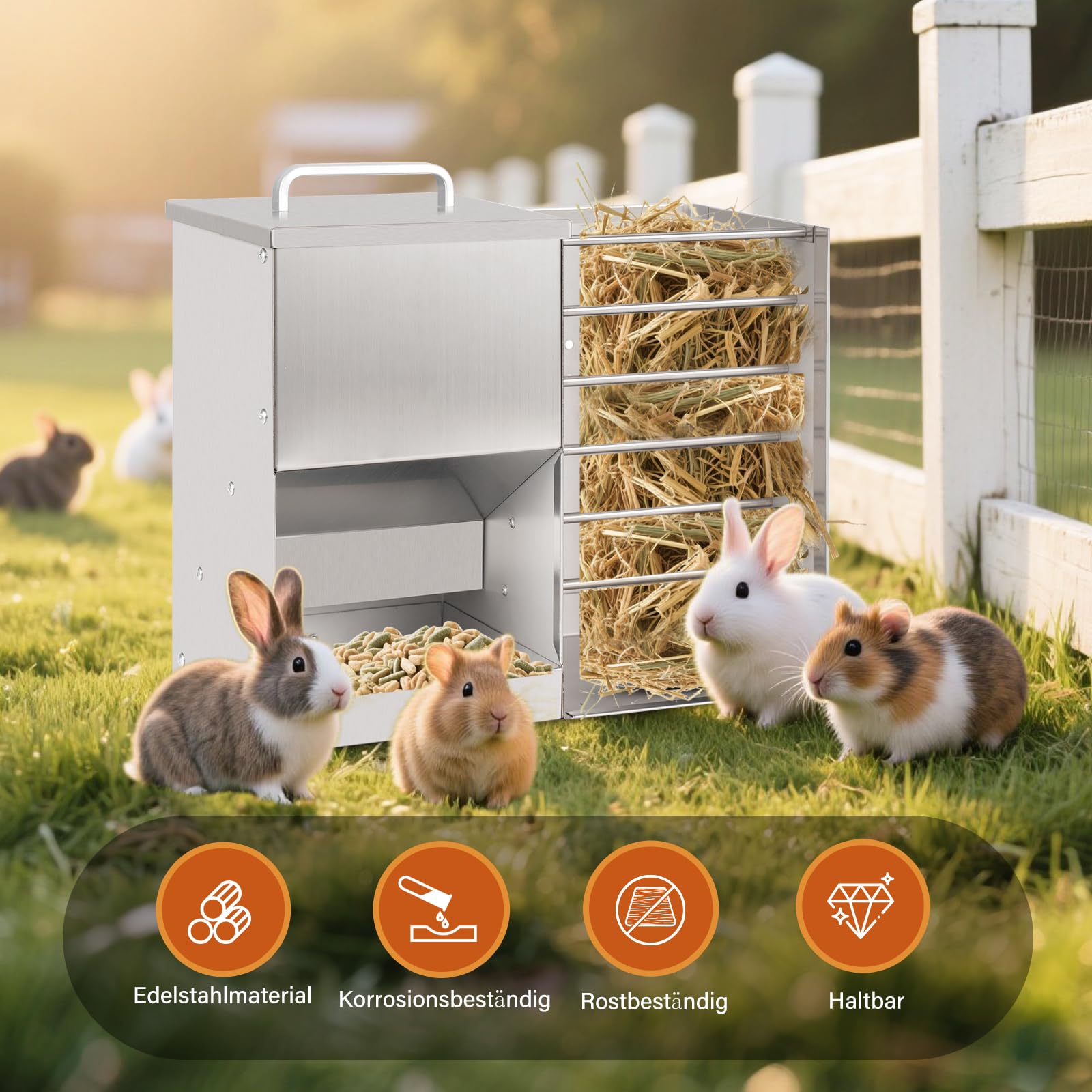 2 in 1 Automatischer Kaninchenfütterer für Käfig Kaninchen Heufutterautomat für draußen Mental Kaninchenfutterspender für Kaninchen Meerschweinchen Hamster Kleintier Futterautomaten