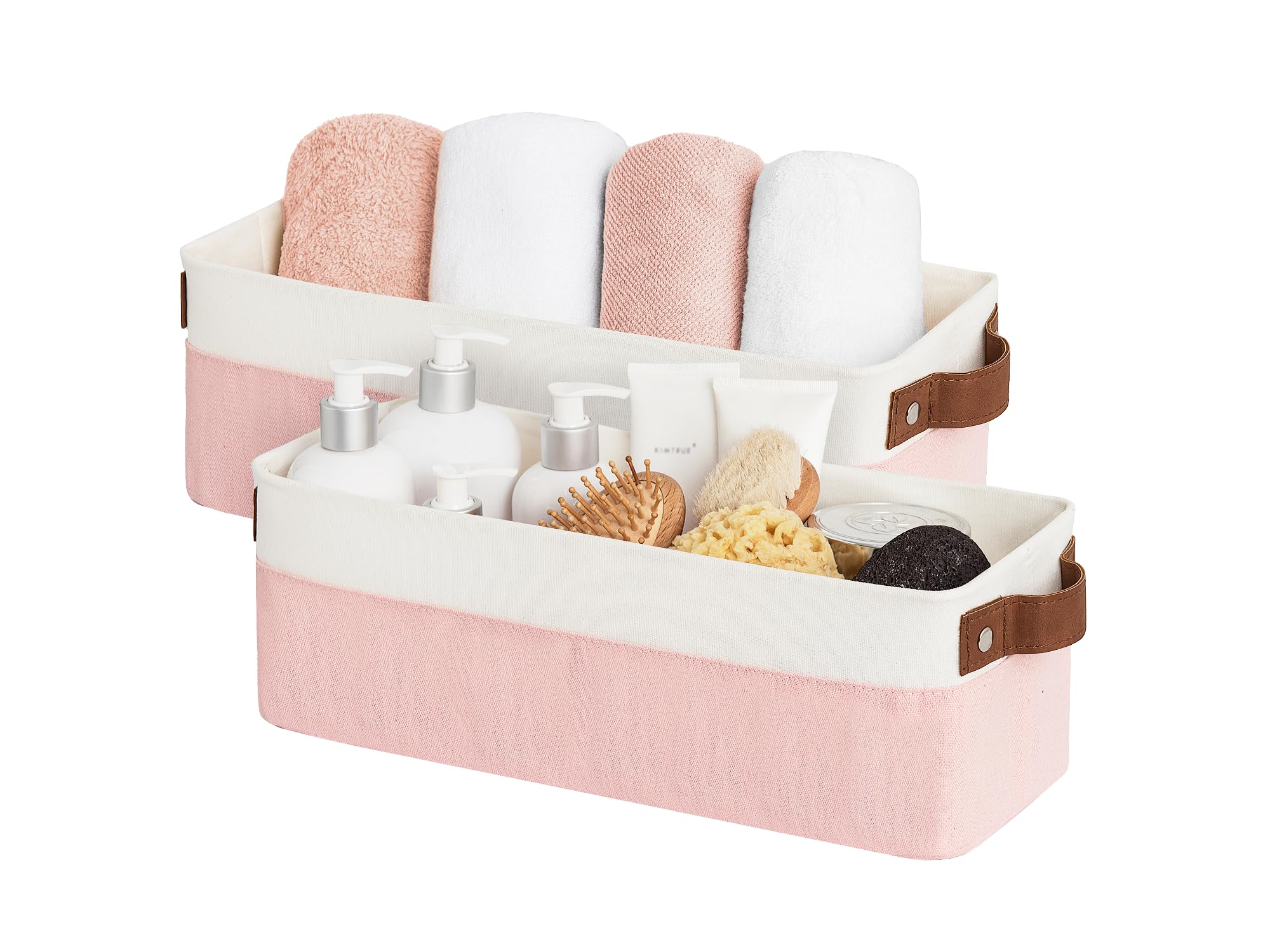 StorageWorks Narrow Storage Bins, Small Basket for Closet and Shelves, Fabric Organizer with Handles, Toilet Paper Storage, Pink and White, 2-Pack