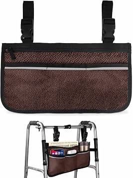 Brown Leather Texture Wheelchair Bag with Cup Holder & Reflective Strip for Adults/Seniors, Farmhouse Vintage Wheelchair Accessories Armrest Pouch Side Bag for Walker/Rollator/Wheelchair