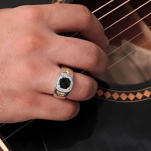 Miniatura 4 de Gem Stone King 8MM Cushion Cut Ring for Men Gemstone Birthstone and Lab Grown Diamond 925 Sterling Silver & 10K Yellow Gold Available in Sizes