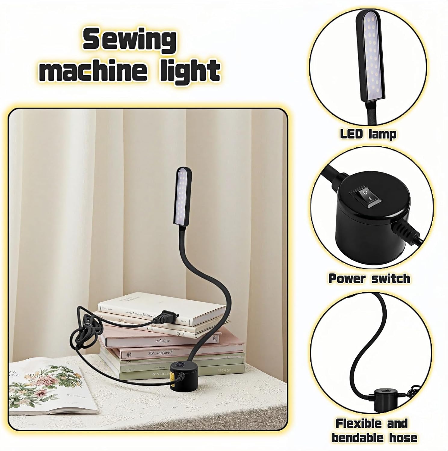 30 LED Sewing Machine Light with Flexible Silicone Neck, Magnetic Base Work Lamp for Sewing Machines, Drill Press, Desk, Music Stand, Crafts, Workbench, Non-Flicker, Eye-Caring Design
