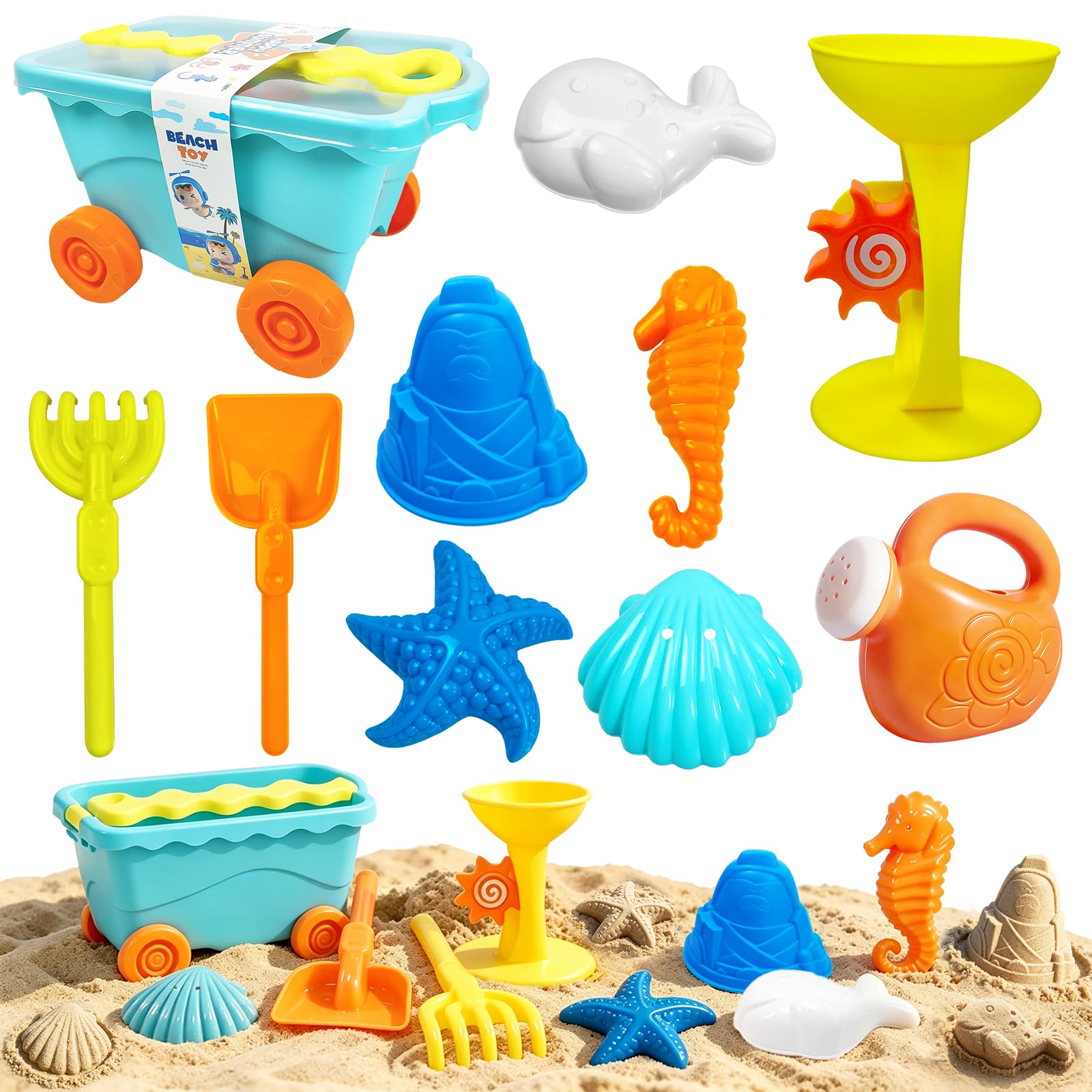 RedCrab Beach Sand Toys Set for Kids, 10Pcs Sand Pit Toys with Pull Along Wagon,Shovel, Rake, Watering Can, Hourglass & Sea Moulds, Outdoor Sandbox Toys Summer Gift for Boys Girls 3+