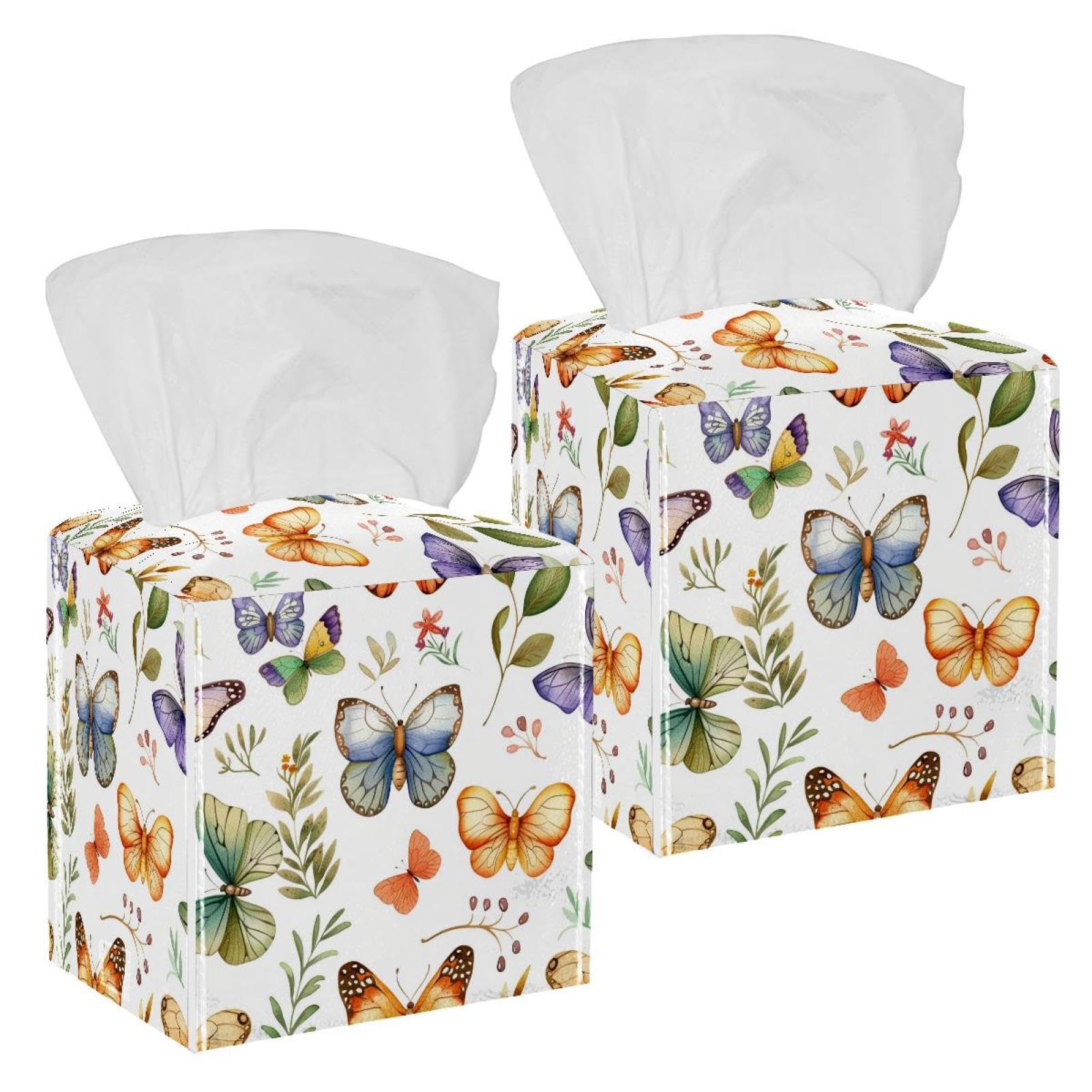 Seamless Pattern Butterfly Tissue Box Cover, 2 Pack PU Leather Square Facial Tissue Dispenser Box holder for Home Office Car