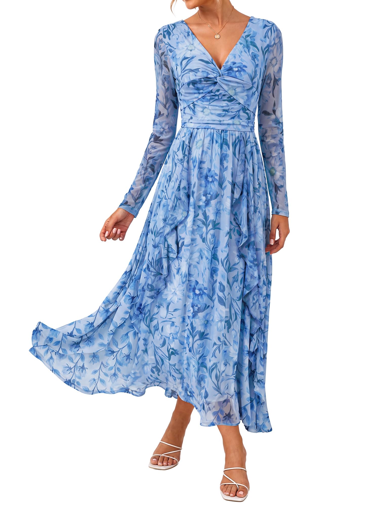 GRACE KARIN Damen Elegant Kleid V Ausschnitt Langarm Cocktailkleid | Maxilang,Halbtransparente lange Ärmel,Weiches und bequemes Netzgewebe,Gefüttert,Hochzeit,Party