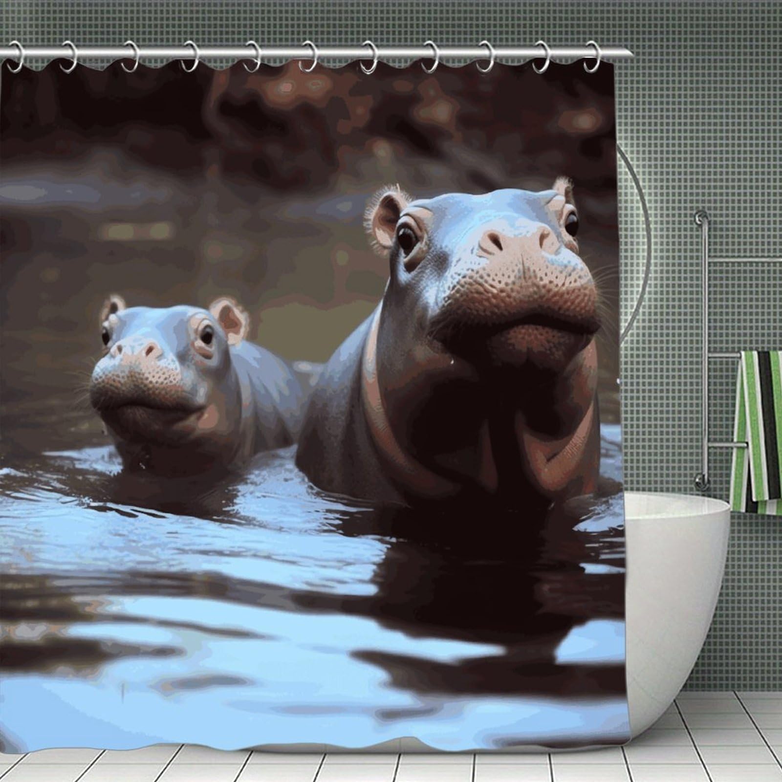 JTREHY Hippos Shower Curtain Waterproof Bathroom Shower Curtain Machine Washable Bath Curtains Polyester Cloth Bath Curtains for Bathroom Showers 70.8×70.8Inch