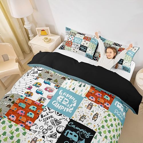 Miniatura 5 de Feelyou Juego de ropa de cama con temática de campamento para niñas y niños, funda de edredón para campismo, viajes, automóvil, funda de edredón