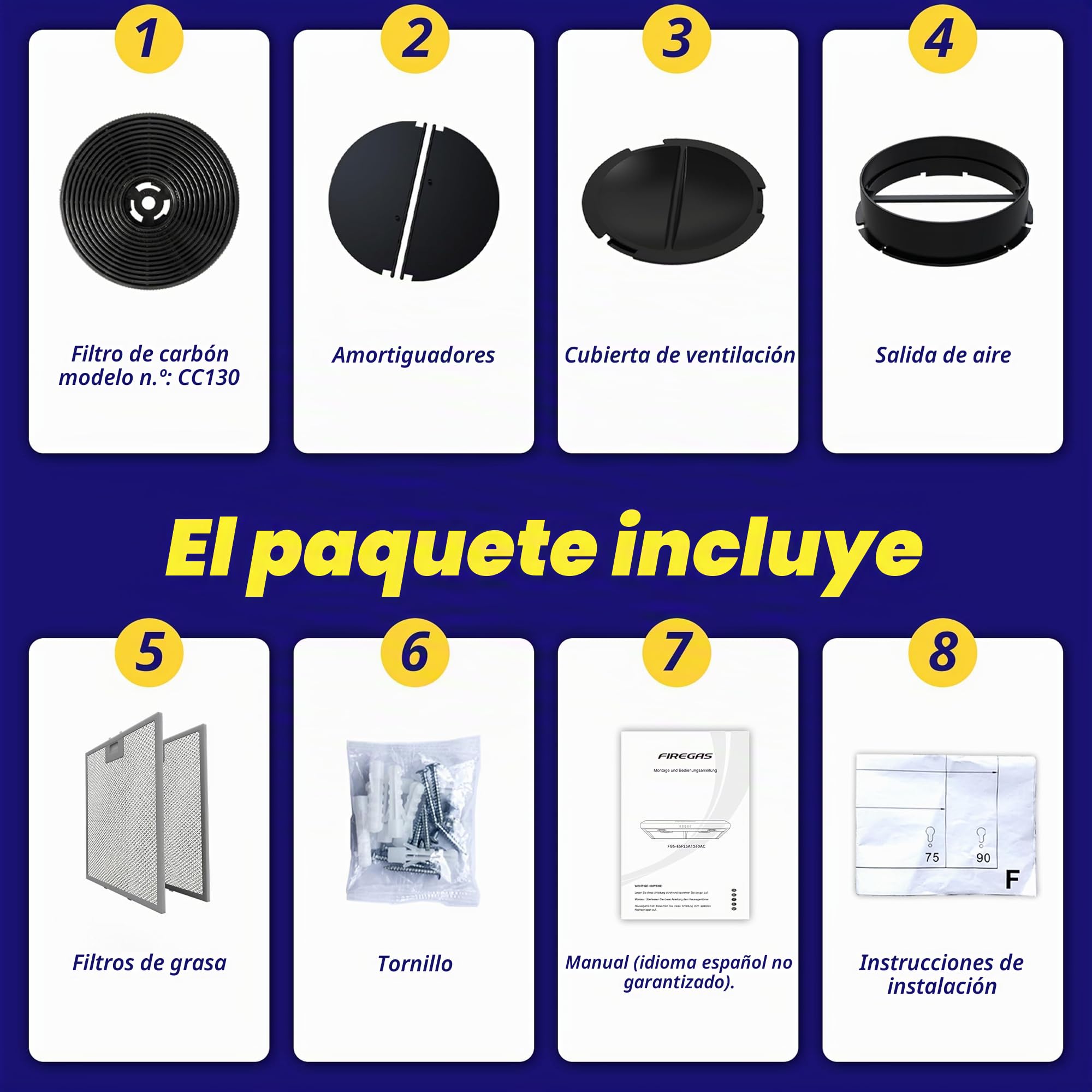 FIREGAS campana extractora 60 cm, con motor sin escobillas, 3 velocidades, 250 m³/h, iluminación LED, filtro de carbón incluido, evacuación y reciclaje, acero inoxidable