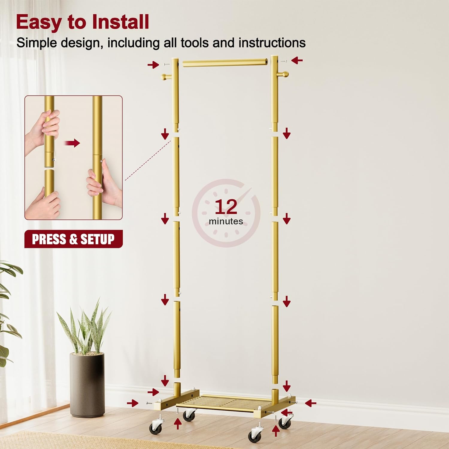 SLEEPING LAMB Small Clothes Racks for Hanging Clothes, Rolling Clothing Rack with Shelves, 60" Metal Garment Rack with Wheels Portable Wardrobe Rack for Small Space, Gold