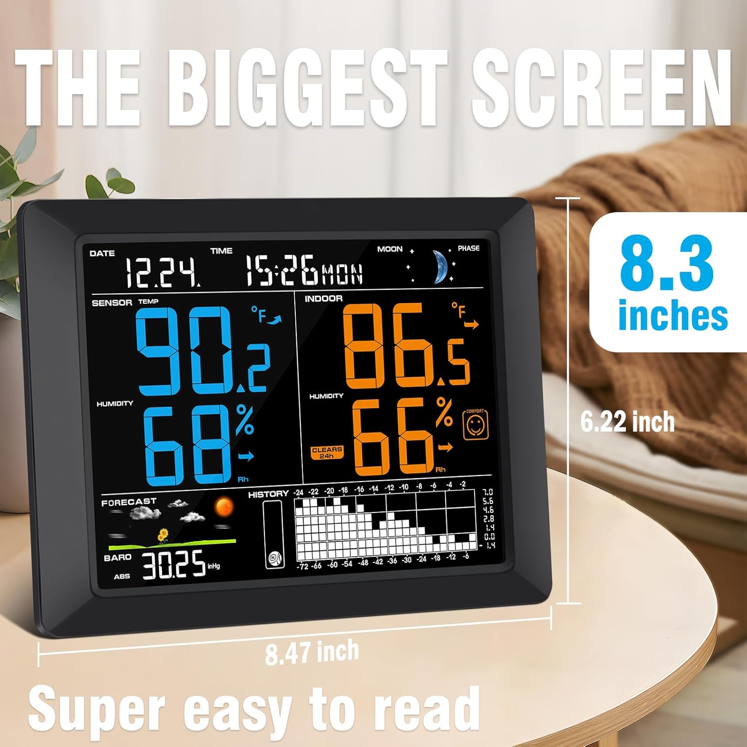 Sainlogic Wireless Weather Station with Atomic Clock, 8.3" Large Easy to Read Screen & Indoor Outdoor Sensor for Temperature, Humidity, Weather Forecast & Alarm(No WiFi)