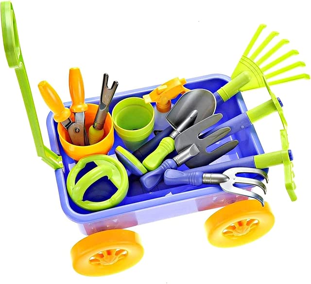 Dimple Garden Wagon & Tools Toy Set Premium 15 Piece Gardening Tools & Wagon Toy Set – Sturdy & Durable - Top Yd, Beach, Sand, Garden Toy - Great for Kids & Toddlers (Garden Toy Set), Green (Single)