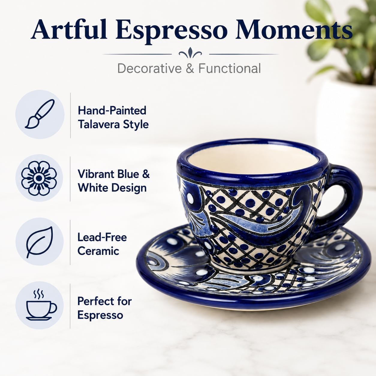 Talavera Espresso Coffee Ceramic Floral Cup and Saucer - Blue and White -2 ounces in Gift Box for Family - Cafe Espresso Azul y Blanco