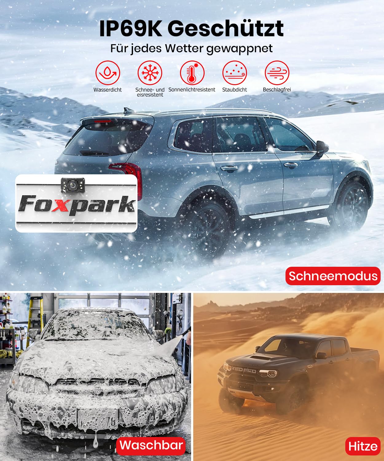 Foxpark 4,3" HD 1080P Farb-Nachtsicht Monitor Rückfahrkamera IP69K Wasserdicht Plug and Play
