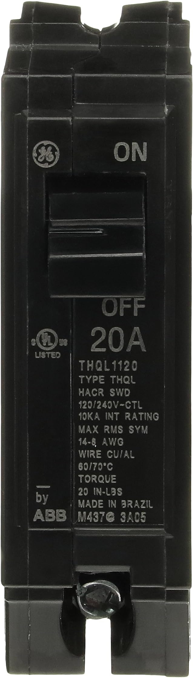 ABB Q-Line® THQL1120 Q Line 20A Single-Pole Circuit Breaker • 120/240 VAC, 20 Amp, 10 kA Interrupt • THQL One-Pole Load Center Circuit Breaker • Non-Interchangeable Thermal Magnetic Trip