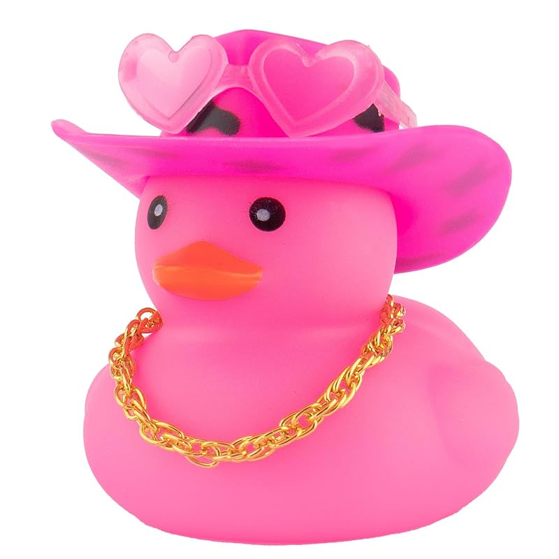 wonuu Pato de Borracha Cowboy Rosa e Preto para Enfeite de Painel Automotivo com Chapéu, Óculos e Colar
