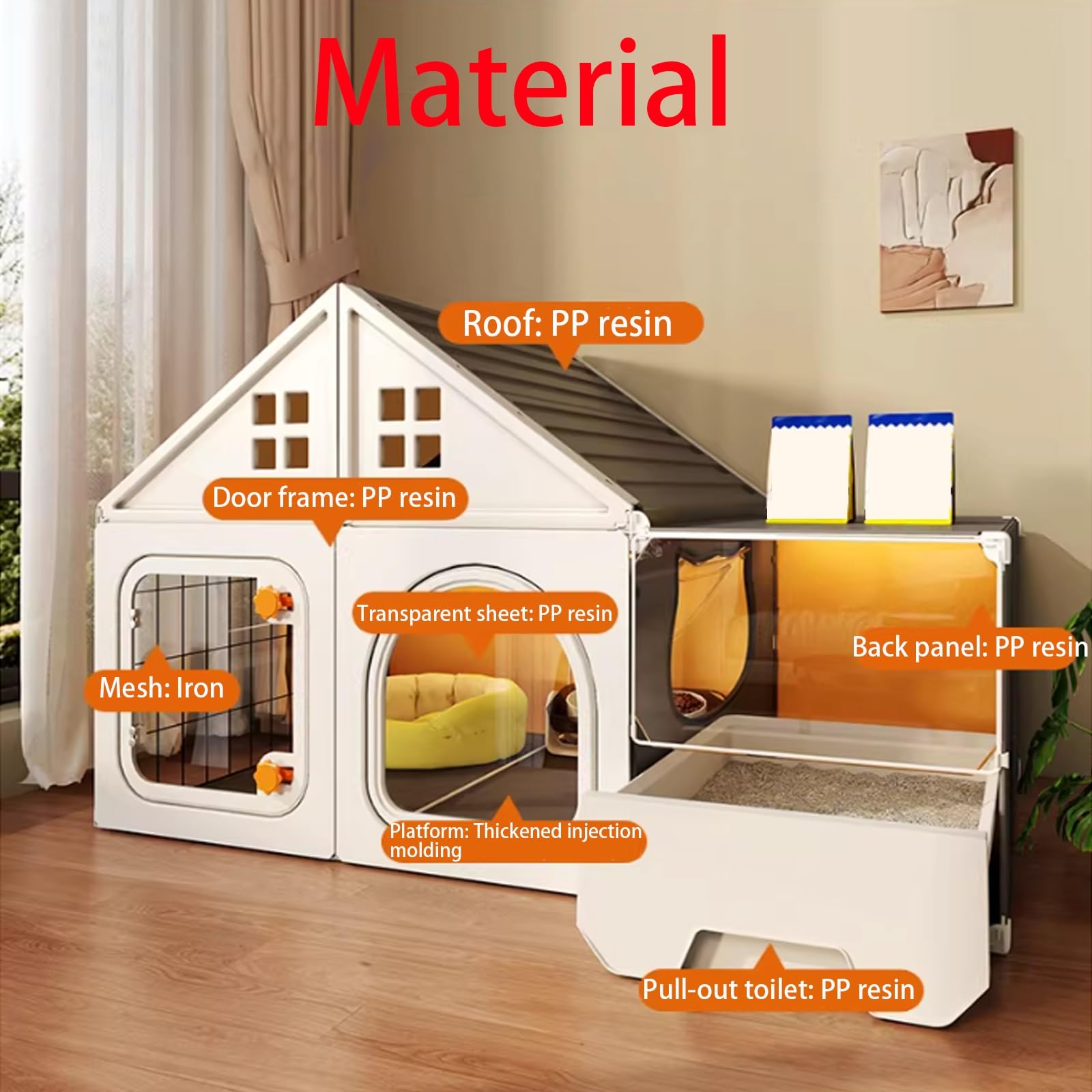Casetta per Gatti Da Interno con Lettiera Integrata, Spazio Relax e Zona Toilette In Un Unico Ambiente Recinto per Gatti Casetta Da Gioco Per Gatti per Piccoli Appartamenti(White,106x46x58cm)