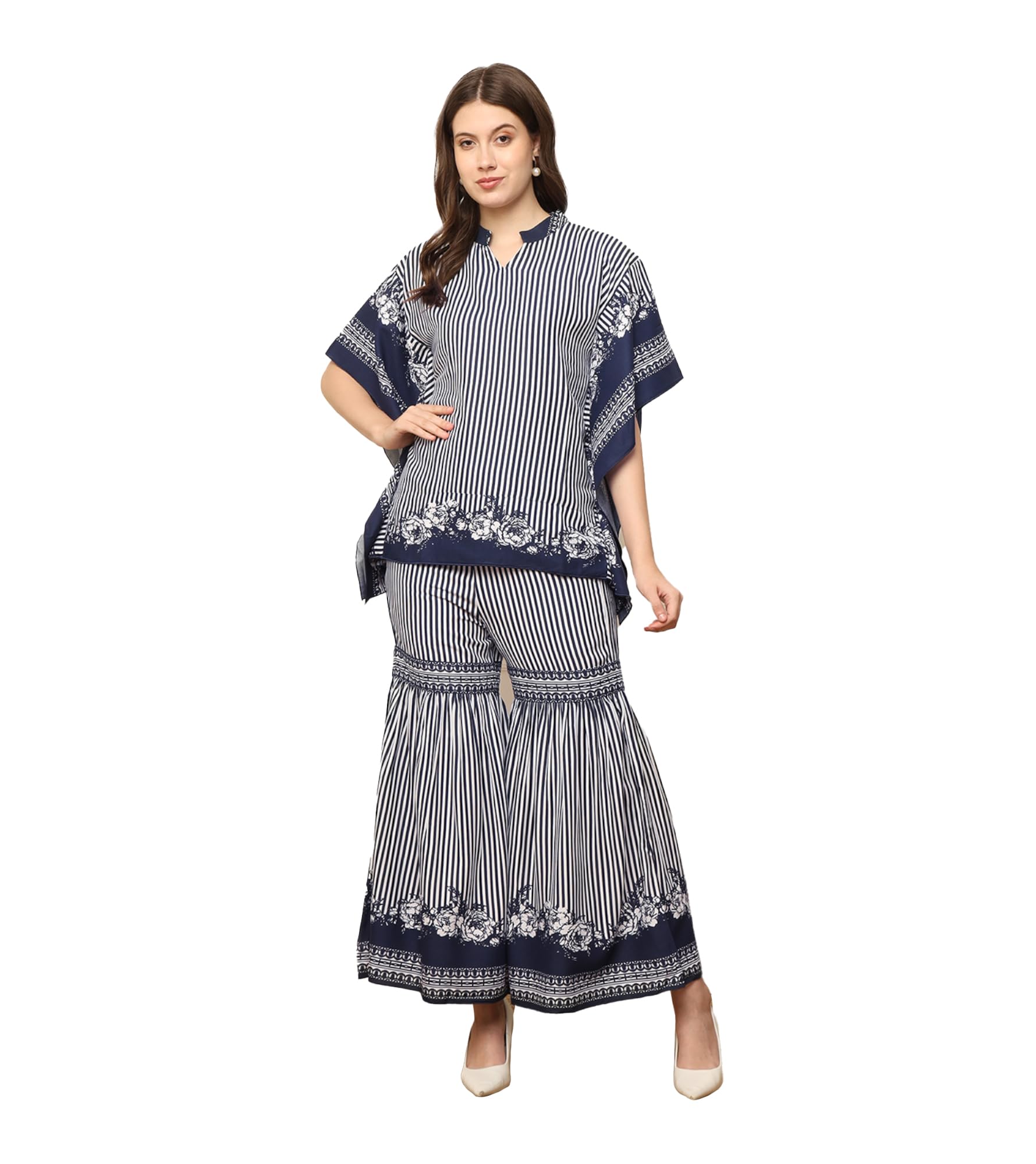 Stripes Print Rayon Kaftan with Sharara Indo Western Co-Ord Set for Women's|Mandarin Collar|Ladies Party Outfits Ethnic Summer Collection Stylish Fusion Wear-image-21