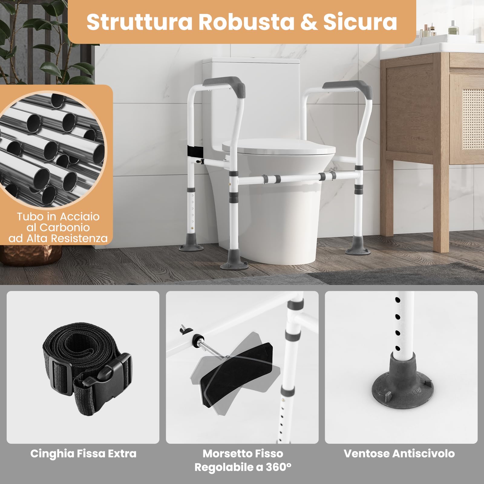 RELAX4LIFE Braccioli per WC, Maniglione WC, Supporto per WC Pieghevole, Regolazione in Altezza e Larghezza, Ventose Antiscivolo, Acciaio al Carbonio, per Anziani, Disabili, Donna Incinta (Grigio)